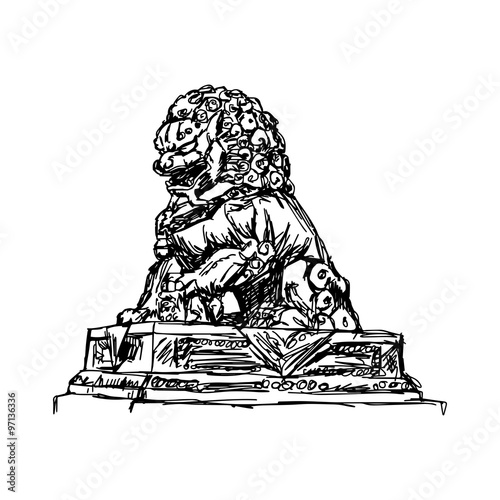 Illustration Vector Doodle Hand Drawn Of Sketch Big Bronze Lion In Forbidden City