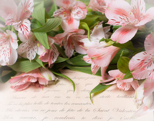 Love letter and flowers. Vintage retro Valentine’s day background