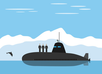 Fototapeta na wymiar Black submarine with sailors in icy mountain landscape