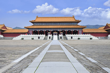 Replica of Forbidden City with walkway and mountain ridge, Hengdian, China