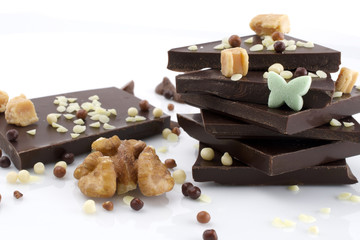 Chocolate and walnut on white background