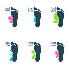 Set of foot icons with water drops, butterflies and leaves for SPA, organic beauty and health care or ecology design