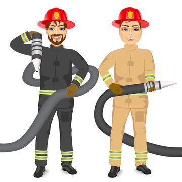 two happy firemen holding hose