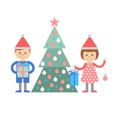 Boy and girl with gifts decorate Christmas tree.