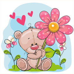 Naklejka premium Bear with heart and flower