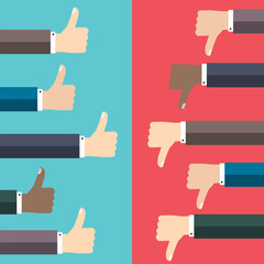 Like and dislike concept. Thumbs up and thumbs down hand sign. C