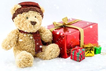 brown teddy bear with Gift box on snow  background