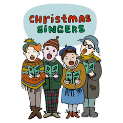 Vector illustration of three children singing carols - 97145541