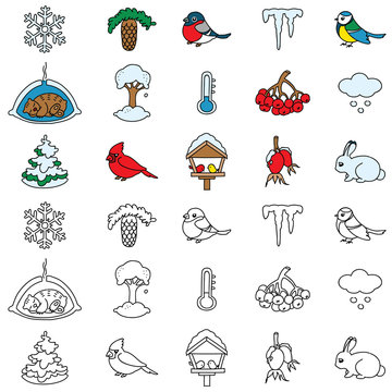 Set of winter nature icons. Vector doodle illustration.