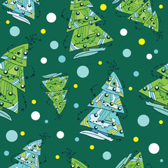 Vector Decorated Funky Christmas Trees Ornaments Doodle Seamless Pattern. Green tradition with snowflakes