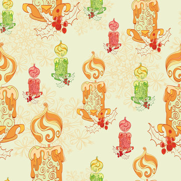 Vector Christmas Lit Candles Light Festive Seamless Pattern. Holly berries celebration snowflakes decorations