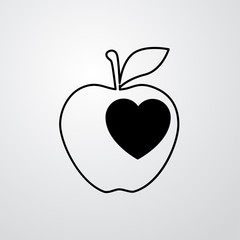 Icono plano manzana con corazon sobre fondo degradado