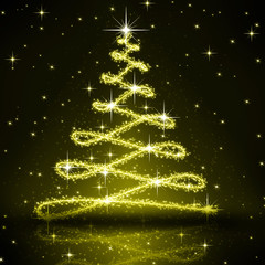 Christmas golden tree, beautiful snowflakes and shining stars