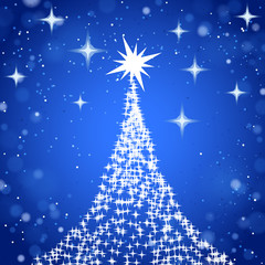 Christmas tree with stars on shine blue background