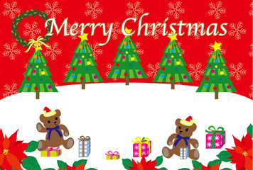 Obraz premium クリスマスツリーとクリスマスプレゼントとテディーベアーのポストカード