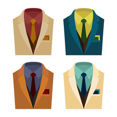 Set of  trendy men's clothes with jacket, vest, shirt, tie and handkerchief. Men's wardrobe. Vector illustration