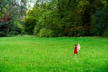 Cute little girl dressed in red coat and hat on green grass fiel