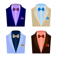 Set of  trendy men's clothes with jacket, shirt, bow tie and handkerchief. Men's wardrobe. Vector illustration
