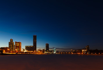 sunset glow of the night and in the winter over the center of Yekaterinburg