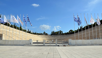 panathenaic sport stadium with national flags in Athens