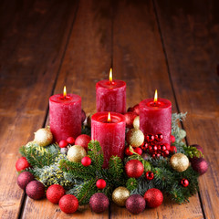 Beautiful classic advent wreath on rustic wooden table  -  Christmas background  -- 4. Advent