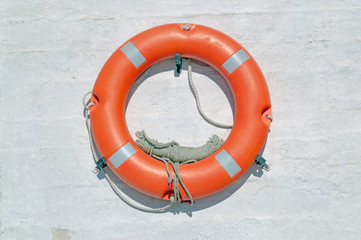 Life buoy on ferry crossing the mediterranean sea to Santorini i