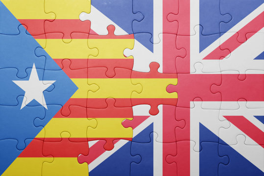 puzzle with the national flag of great britain and catalonia