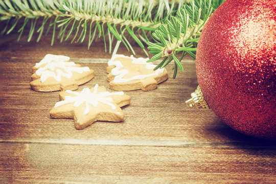 Vintage ohoto of Christmas symbols on the wooden desk