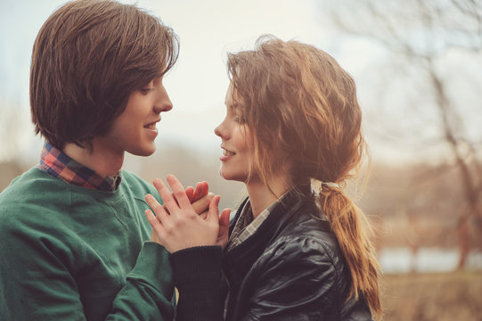 Loving Couple Happy Together Outdoor On  Rainy Walk On Country Side, Cozy Mood