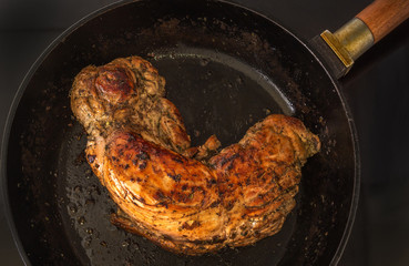 cooking meat. Crunchy fresh-faced piece of meat in a pan
