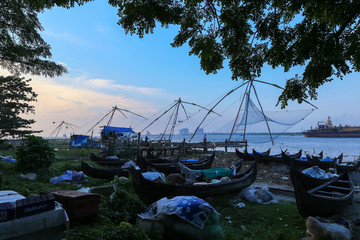 Fishing Boats and Chinese Fishing Nets at Fort Cochin, Kerala, India
