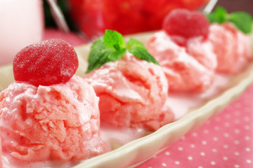 Watermelon ice cream in bowl  on color wooden background