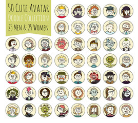 Cartoon funny doodle user avatars. Set of women, men character faces with different emotions, professions. Cute vector illustration isolated on white. All people are grouped for easy editing.