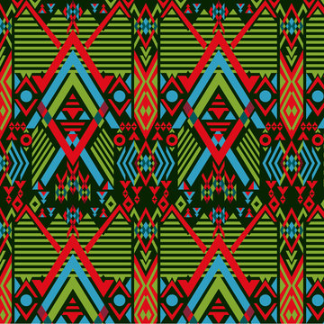Vector Christmas Color Seamless Tribal Pattern Geometric Textile with Green Background