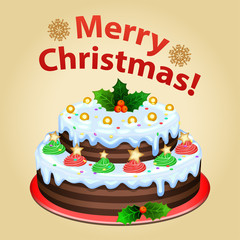 Christmas cake on platter with Christmas decorations