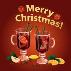 Christmas mulled wine with spices, orange slice, anise 