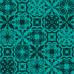 Vector seamless patchwork pattern Oriental ornaments, square sockets of stylized flowers and leaves. Decorative geometric textile print
