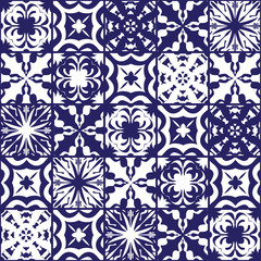 Fototapeta premium Vector seamless patchwork pattern Oriental ornaments, square sockets of stylized flowers and leaves. Decorative geometric textile print
