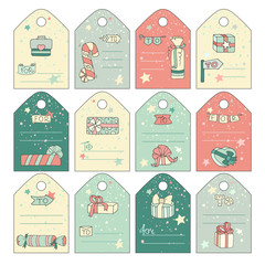 Cute gift tags with cartoon doodle gift boxes, stars, catchwords. Blank space for your text celebration. Set of congratulation labels for chrismas, new year eve. Hand drawn vector isolated on white.