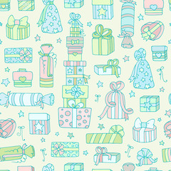Set of cute doodle gift boxes for your designs (party, celebration). Collection of presents with hearts, bow, ribbon, stars. Hand drawn vector seamless pattern for wallpaper, web page background.