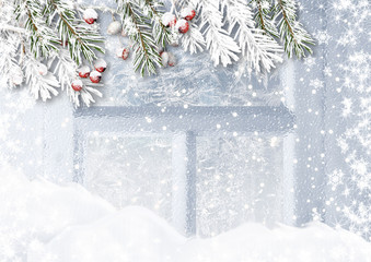 Snowy fir branches and holly in the background with frosty patte