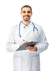 Fototapeta premium Portrait of a doctor with prescription board in hands isolated on white background