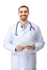 Portrait of a doctor with tablet in hands isolated on white background