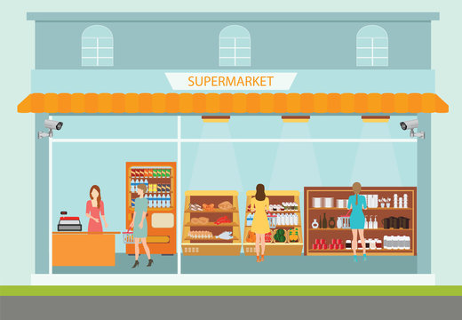 Supermarket building and interior with people buying products.