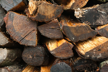 Closeup wet pile of lumber