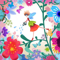 Panele Szklane  Ilustracja świata dziecięcej wyobraźni: kwiatowa wróżka. Realistyczna fantastyczna scena w stylu kreskówki / tapeta / tło / projekt karty.