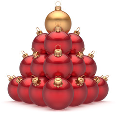 Christmas ball red pyramid leader golden on top first place winner New Year's Eve baubles group decoration. Compare leadership hierarchy success Happy Merry Xmas wintertime business concept 3d render