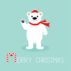 Big white polar bear in santa claus hat and scarf, paw. Candy cane. Merry Christmas Greeting Card. Blue background. Flat design