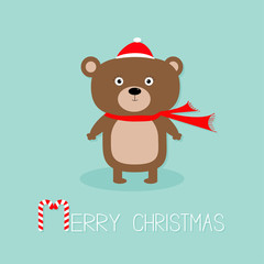 Cute brown bear in santa claus hat and scarf. Candy cane. Merry Christmas Greeting Card. Blue background. Flat design