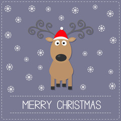 Cute cartoon deer with curly horns, red hat. Snowflake. Merry christmas Violet background card Flat design